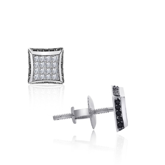 Sterling Silver Black/White CZ Square Stud Earring - Picture 2 of 4